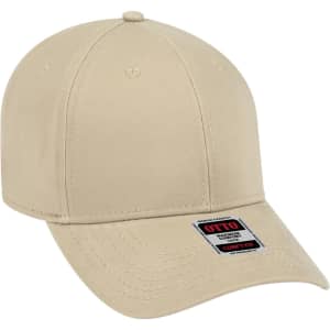 A beige low-profile baseball cap with a six-panel design and an attached logo label on the front.