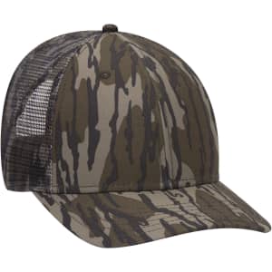 A camouflage 6 panel low profile baseball cap in shades of green and grey, featuring a mesh back and a logo.