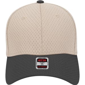 A beige and black 6-panel low profile baseball cap with a branding logo on the front.