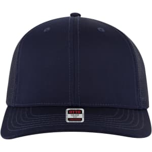 A navy blue 6-panel mid profile trucker cap featuring a mesh back and a branding logo on the front.