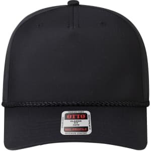 A black 5 panel mid-profile baseball cap with a braided band and a logo on the front.