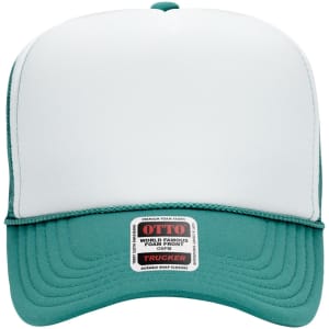 A high crown trucker cap in teal and white, featuring a logo and a durable snap closure.