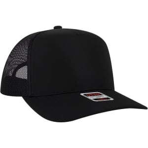 A black 5 panel mid profile trucker cap with a solid front and mesh back, featuring a small logo.