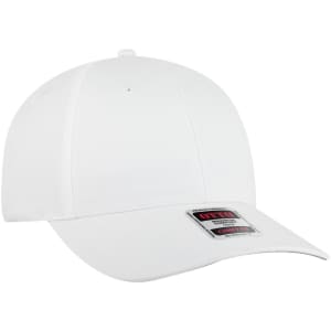 A white low-profile baseball cap featuring a six-panel design and a logo on the front.