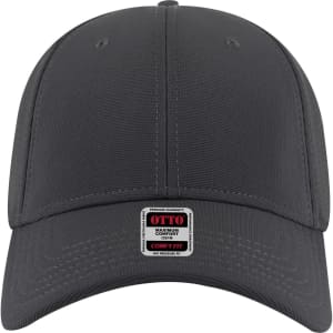 A dark grey six-panel low profile baseball cap with a logo on the front.
