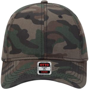 A camo 6 panel low profile baseball cap in various shades of green and brown, featuring a logo on the front.