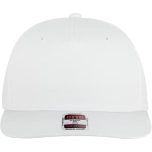 A white 5 panel pro style snapback hat with a logo on the front and a flat brim.