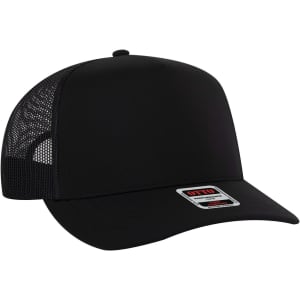 A black 5 Panel Mid Profile Trucker Cap featuring a mesh back and a small logo on the front.
