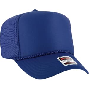 A blue 5 panel high crown air mesh back trucker hat with a branded label on the front.