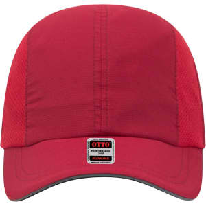 A red, six-panel running cap with a mesh design and a logo on the front.