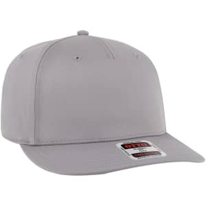 A grey 5 Panel Pro Style Snapback Hat featuring a flat brim and a logo on the front.