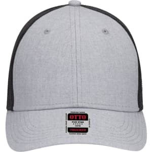 A grey 6 panel low profile trucker cap with a mesh rear and a tag on the front.