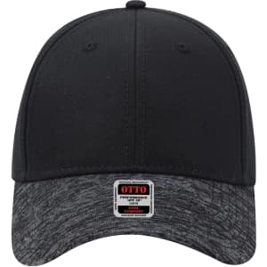 A black baseball cap with a low profile and a heathered grey peak, featuring a logo on the front.