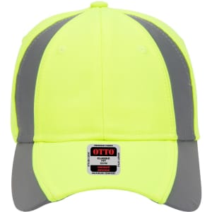 A high-visibility yellow cap with grey accents, featuring a logo on the front.