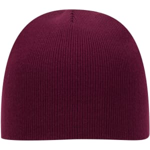 A classic knit beanie in a rich burgundy colour, featuring a ribbed texture and a simple design.