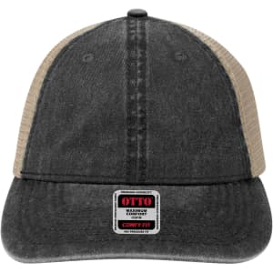 A grey and beige low-profile trucker cap featuring a mesh back and a branded label on the front.