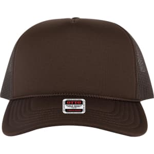 A 5-panel high crown trucker cap in brown with mesh side panels and a logo label on the front.