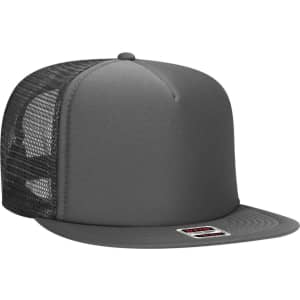 A grey 5 panel high crown trucker cap with a mesh back and a flat brim, featuring a logo.