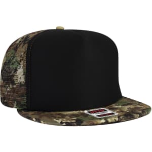 A trucker cap featuring a black high crown front and a camouflage-patterned brim, with a logo on the front.