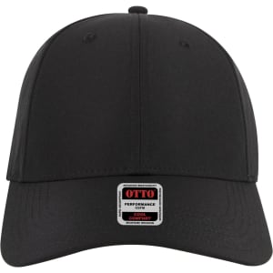 A black 6 panel low profile style baseball cap with a logo on the front.