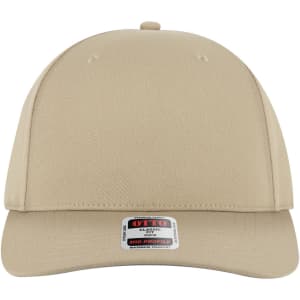 A beige seamless 6-panel mid-profile baseball cap with a logo on the front.