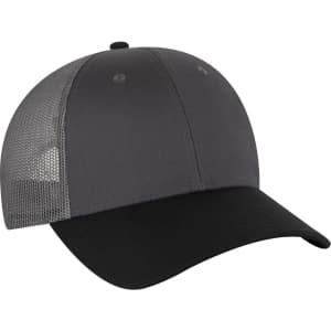 A grey and black 6 panel low profile trucker cap with a mesh back and a solid front. It features a branding logo.