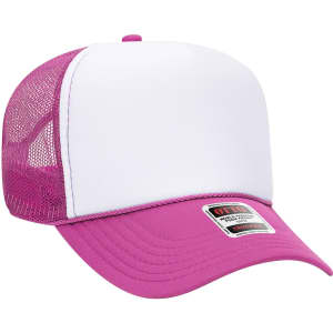 A pink and white 5 panel mid profile trucker cap with a mesh back and a branded label on the front.