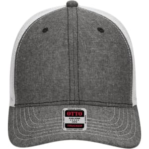A grey 6-panel low profile trucker cap with a mesh back and an attached logo label.