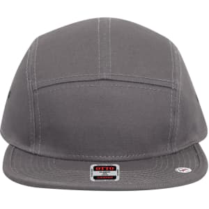 A grey 5 panel camper hat with a flat brim and a logo on the front.