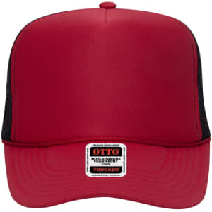 A red 5 Panel High Crown Trucker Cap with a black mesh back and a prominent logo label on the front.
