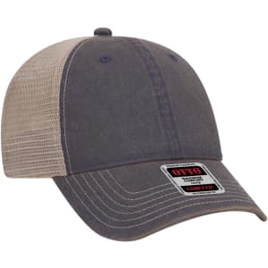 A soft polyester baseball cap in dark grey with a tan mesh back and a logo label on the front.