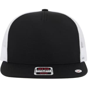 A black and white 5 panel pro style trucker cap with a flat brim and a logo on the front.