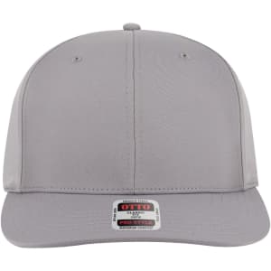 A grey 6 panel pro style snapback hat with a flat brim and a logo on the front.