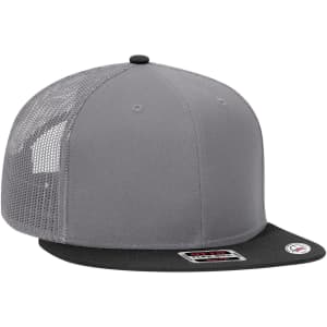 A grey mid-profile trucker cap with a black peak and mesh sides, featuring a logo on the front.