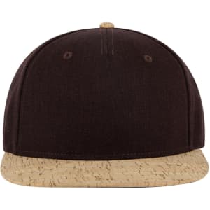 A five-panel cap featuring a dark brown fabric with a cork-patterned brim. It has a logo on the front.