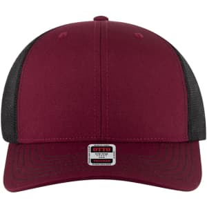 A 6-panel mid-profile trucker cap in maroon with black mesh sides and a small logo on the front.