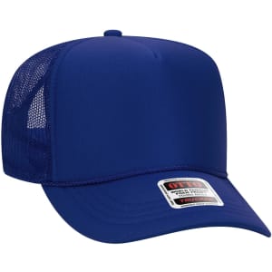 A blue 5 panel high crown trucker cap with a mesh back and a logo on the front.