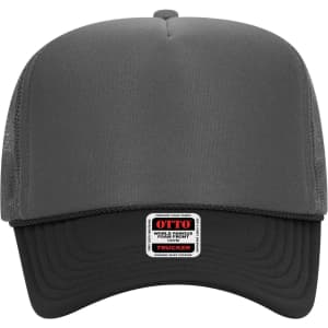 A high crown trucker cap in dark grey with a mesh back and a label on the front.