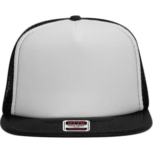 A high crown trucker cap featuring a black brim, white front panel, and black mesh sides, with a logo on the front.