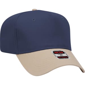 A navy blue and beige 5 panel mid crown baseball cap with a logo patch on the front.