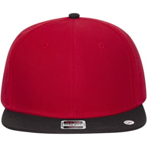 A red snapback cap with a black brim, featuring a branded logo on the front.