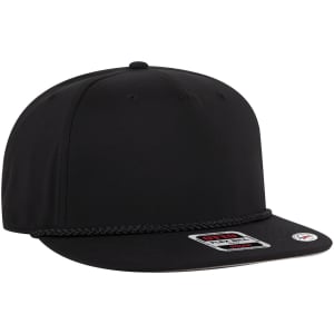 A black snapback cap featuring a structured design and a contrasting rope detail across the front.