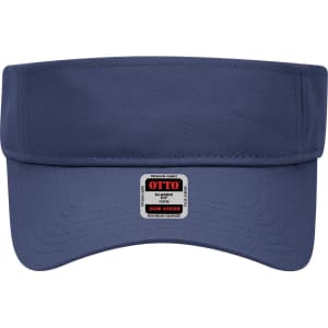 A navy sun visor with a wide brim and a logo on the front.