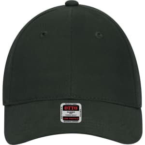 A dark green 6 panel low profile baseball cap for youth, featuring a logo on the front.