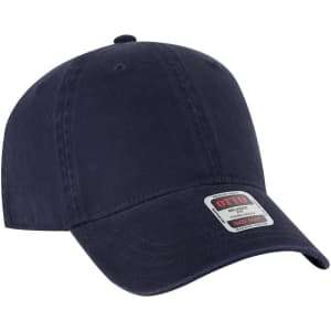 A navy blue 6 Panel Low Profile Dad Cap with a logo on the front.