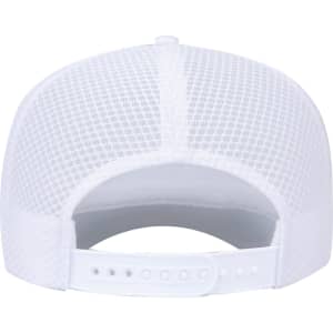 A white 5-panel high crown air mesh back trucker hat featuring an adjustable strap and a mesh design.