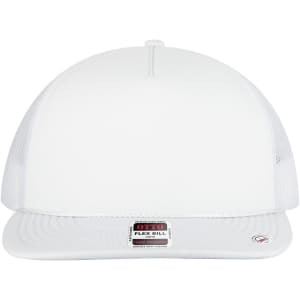 A white 5 panel style trucker cap with a mesh back and a flexible bill, featuring a logo on the front.
