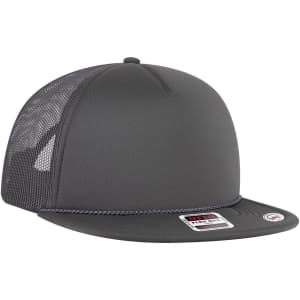 A grey 5 Panel Style Trucker Cap featuring a mesh back and a branded label.