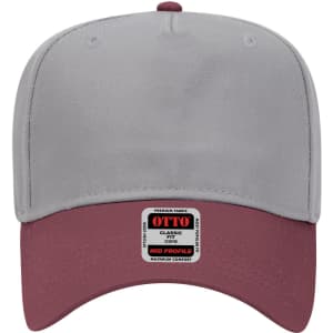 A grey and maroon 5 Panel Mid Crown Baseball Cap with a branded label on the front.