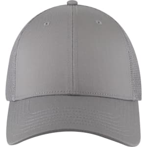 A grey 6 panel low profile trucker cap with a mesh back and a logo on the front.
